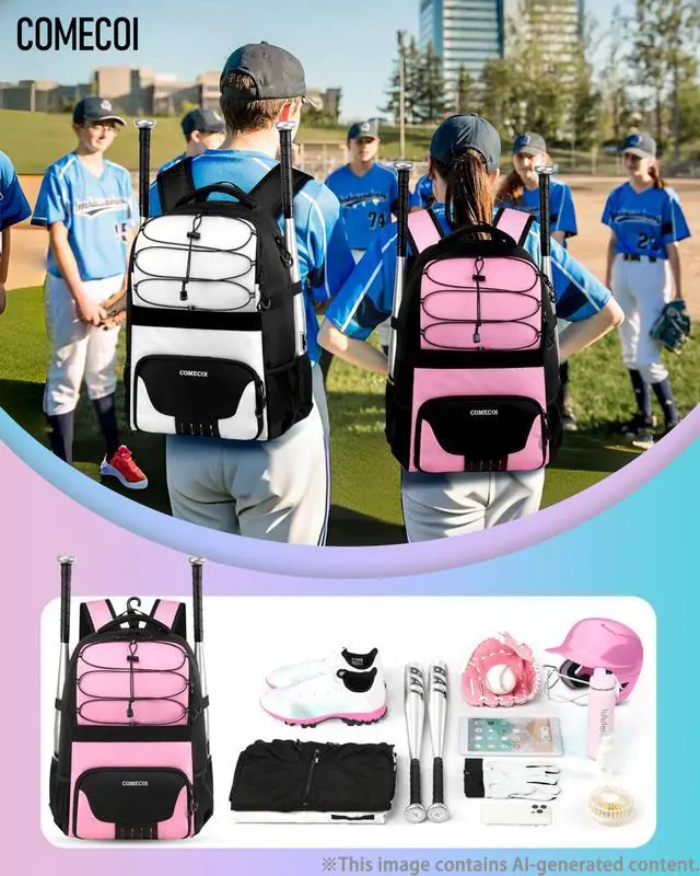 Alt view image 6 of 7 - Softball Bag, Lightweight Baseball Backpack with Shoes Compartment, Baseball Bat Bags with Fence Hook for TBall Bat & Equipment, for Batting Mitten, Helmet, for Girls, Boys, Youth, Adults