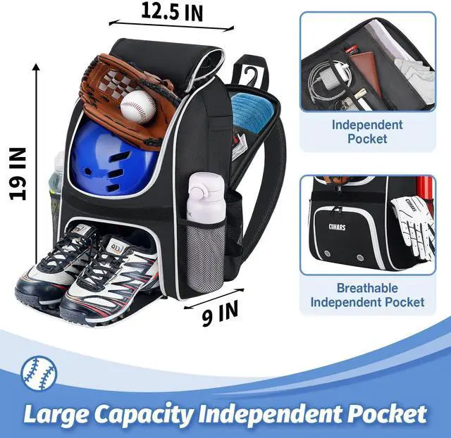 Alt view image 3 of 6 - Youth Baseball Bag - Baseball Backpack Bat & Glove Holder | T-Ball & Softball Equipment & Gear,Large Main Compartment for Helmet & accessories, Fence HookInsulation Pocket