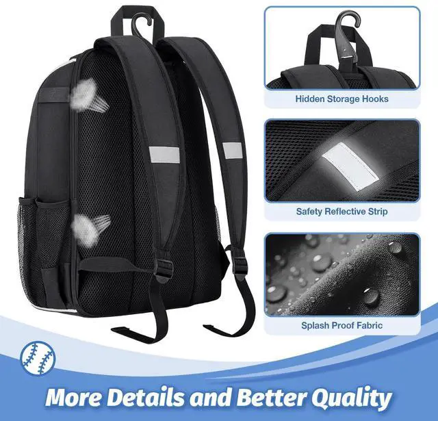 Alt view image 5 of 6 - Youth Baseball Bag - Baseball Backpack Bat & Glove Holder | T-Ball & Softball Equipment & Gear,Large Main Compartment for Helmet & accessories, Fence HookInsulation Pocket