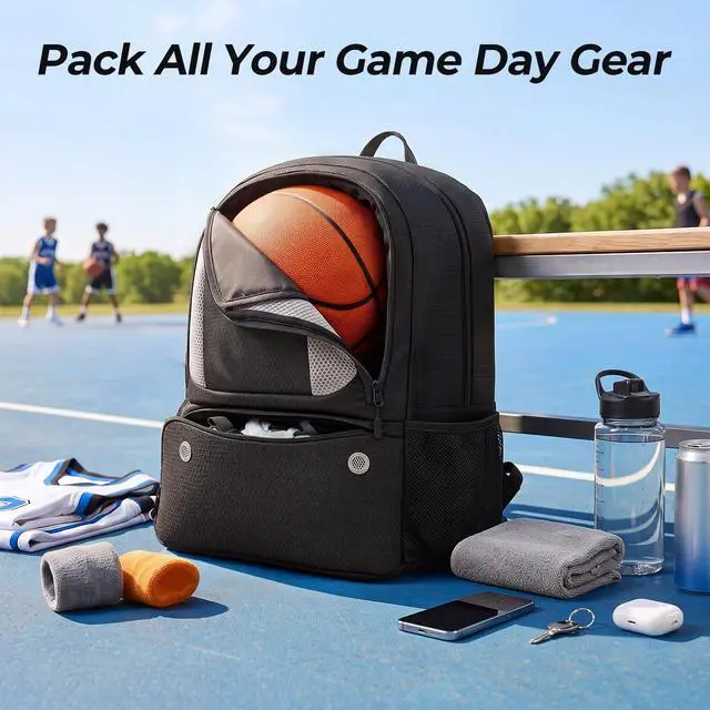 Alt view image 2 of 7 - Basketball Backpack Bag with Ball Holder & Shoes Compartment | Lightweight Basketball Bag for Boys, Sports Backpack Fit Soccer Volleyball Football for Training Day