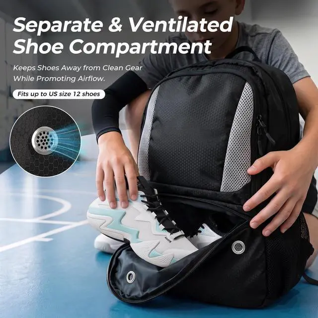 Alt view image 3 of 7 - Basketball Backpack Bag with Ball Holder & Shoes Compartment | Lightweight Basketball Bag for Boys, Sports Backpack Fit Soccer Volleyball Football for Training Day