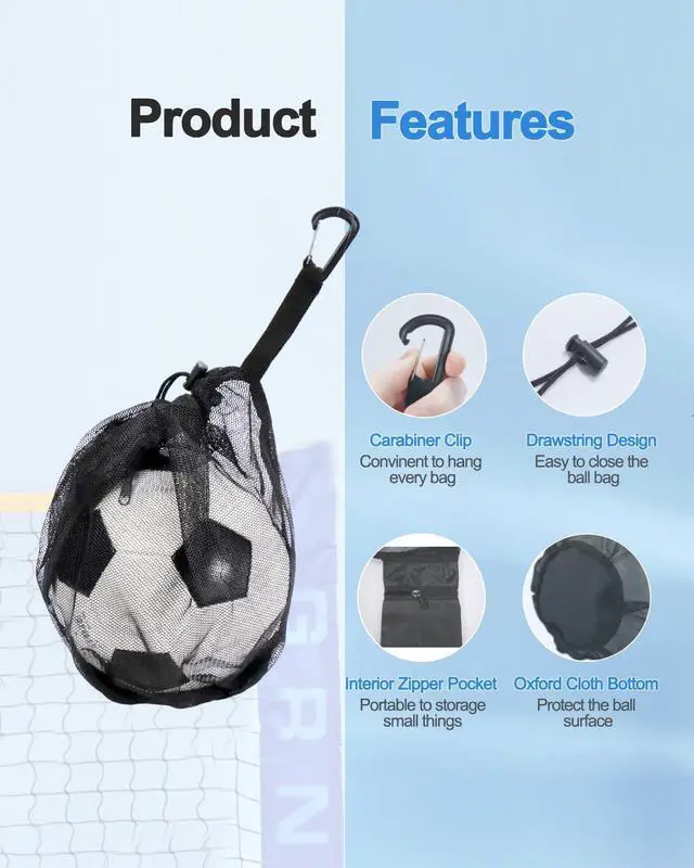 Alt view image 5 of 7 - 2Pcs Single Mesh Ball Bag for Soccer Basketball & Volleyball | Mesh Drawstring Bags with Hanging Clip, Lightweight Net Storage Sports Bag with Zipper Pocket for Coaches & Gym