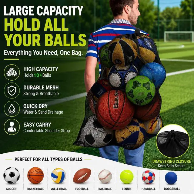 Alt view image 2 of 7 - Heavy Duty Mesh Ball Bag, 30x40 Inch Extra Large Sports Equipment Bag | For 12 Soccer Balls, Industrial Strength Mesh, Adjustable Strap, For Coaches Basketball Football Volleyball