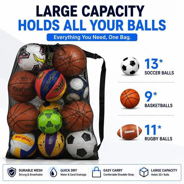 Alt view image 3 of 7 - Heavy Duty Mesh Ball Bag, 30x40 Inch Extra Large Sports Equipment Bag | For 12 Soccer Balls, Industrial Strength Mesh, Adjustable Strap, For Coaches Basketball Football Volleyball