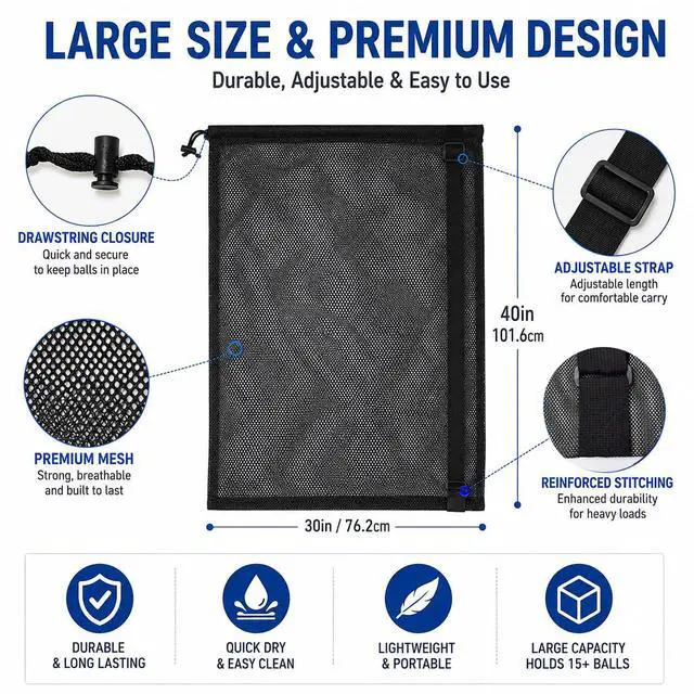 Alt view image 4 of 7 - Heavy Duty Mesh Ball Bag, 30x40 Inch Extra Large Sports Equipment Bag | For 12 Soccer Balls, Industrial Strength Mesh, Adjustable Strap, For Coaches Basketball Football Volleyball