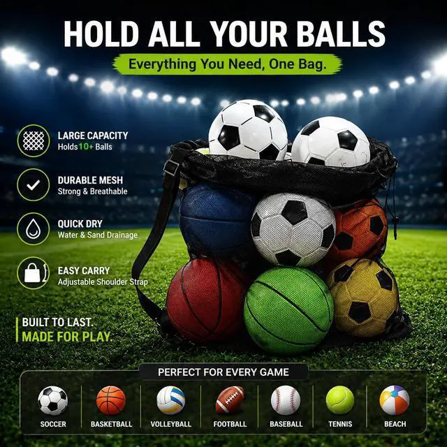 Alt view image 5 of 7 - Heavy Duty Mesh Ball Bag, 30x40 Inch Extra Large Sports Equipment Bag | For 12 Soccer Balls, Industrial Strength Mesh, Adjustable Strap, For Coaches Basketball Football Volleyball