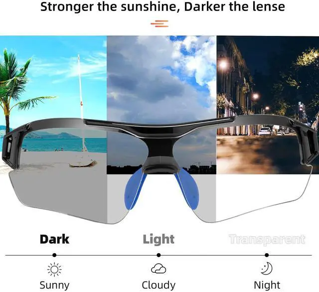 Alt view image 2 of 7 - Photochromic Sunglasses UV Protection Lightweight Black Blue | Cycling Glasses,Auto-Adjust UV Color Change, 29g Ultra-Light, Adjustable Nose Pad, Cycling/Running/Hiking