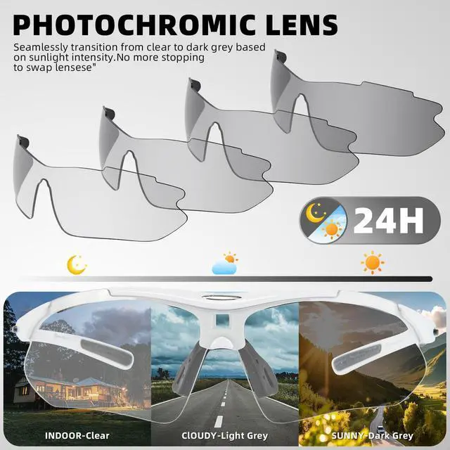 Alt view image 3 of 7 - Photochromic Sports Sunglasses Mens Cycling Pickleball Glasses | Removable Elasctic Band,Myopia Insert,Adjustalble Nose Pad,UV400 Protection