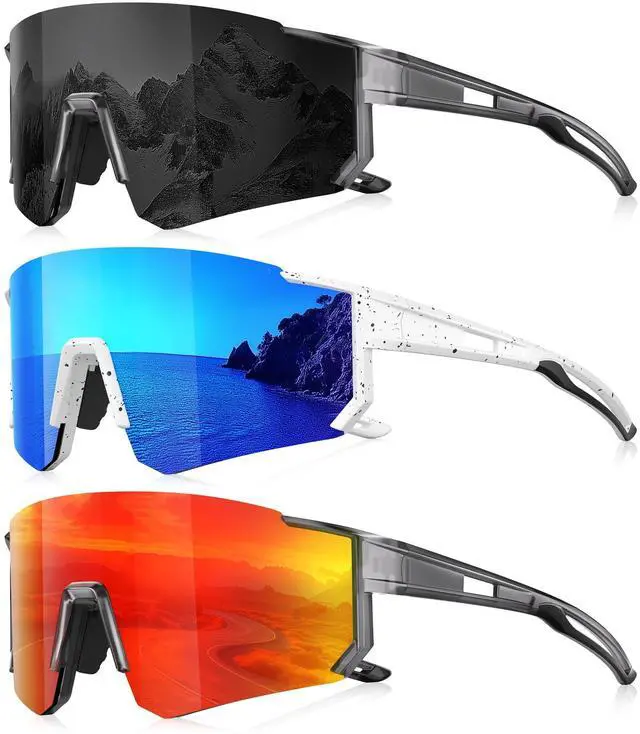 Main image of Sports Polarized Sunglasses Men Women for Running Baseball Hiking | 3 Pack Lightweight Sun Glasses with UV Protection for Cycling Fishing, A01-Gray/Ice Blue/Red