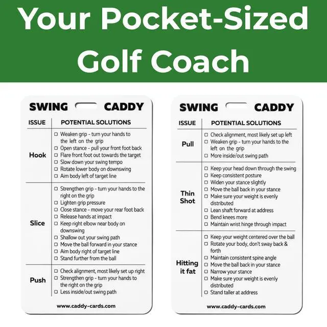 Alt view image 2 of 7 - Swing Golf Swing Tips Bag Tag Pocket Training Aid for Hooks, Slices & Topped Shots Dual-Sided Golf Reference Card to Shoot Lower Scores