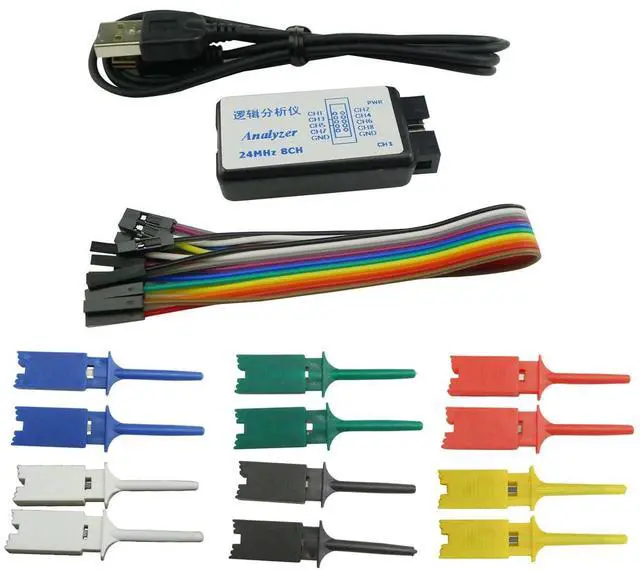 Main image of USB Logic Analyzer 24MHz 8CH 8 Channel UART IIC SPI Debug Device + 12PCS 6 Colourful Test Hook Clip Set + USB Cable + Debugging Tool Sets