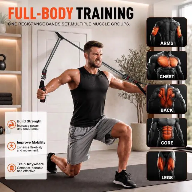 Alt view image 2 of 7 - Resistance Bands with Handles, 150 lb Exercise Bands for Home Workout | Fitness Bands Equipment Set, Gym & Training Stretch Bands with Door Anchor & Ankle Straps, Travel, Physical Therapy, Yoga