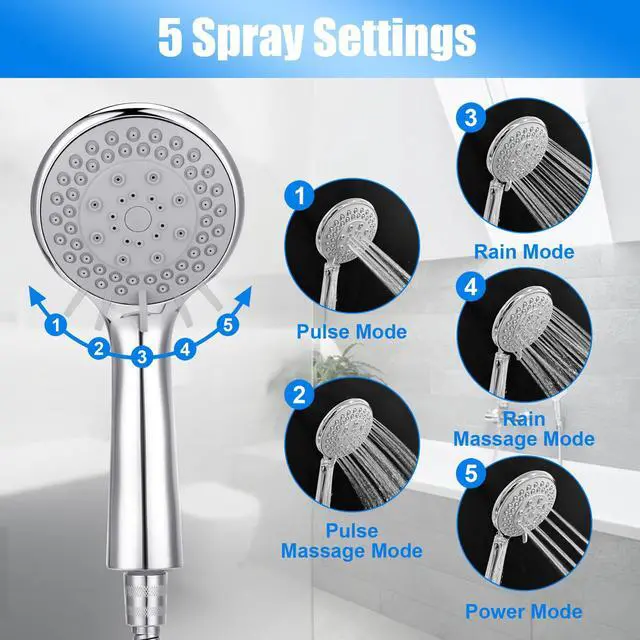 Alt view image 2 of 7 - Detachable Handheld Shower Head with Hose - High pressure 5 Functions Showerheads Hand Held Shower Heads,Extra Long 4.7 ft. Stainless Steel Hose and Holder