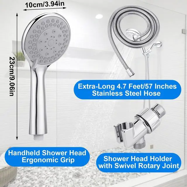 Alt view image 6 of 7 - Detachable Handheld Shower Head with Hose - High pressure 5 Functions Showerheads Hand Held Shower Heads,Extra Long 4.7 ft. Stainless Steel Hose and Holder