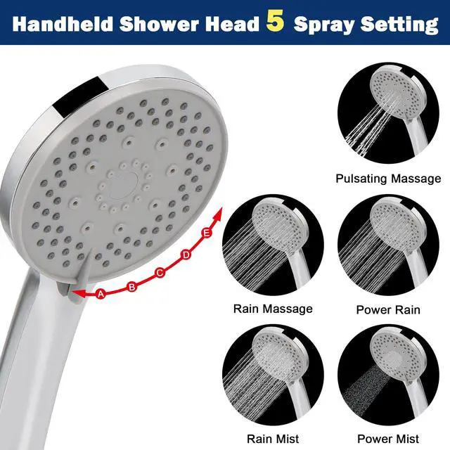 Alt view image 3 of 7 - Shower Head with Hose, High-Pressure Stainless Steel 8'' Rain Shower and 5 Settings Handheld Shower Spray Combo with Push Button Flow Control for Easy Operation (Chrome)
