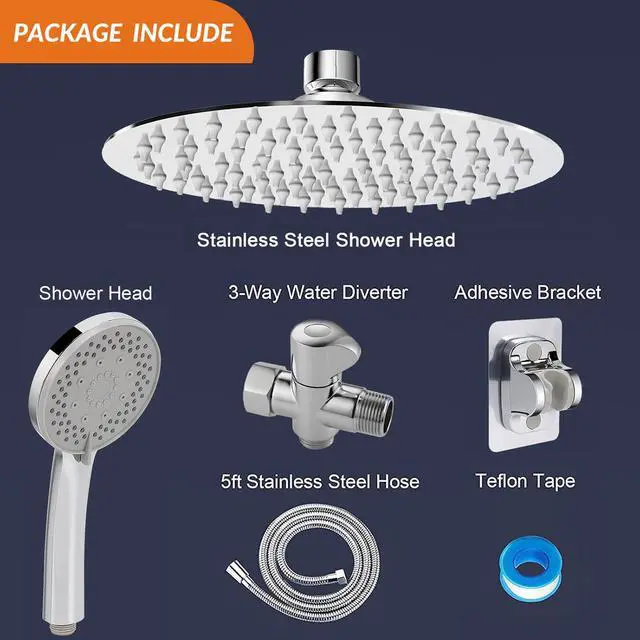 Alt view image 6 of 7 - Shower Head with Hose, High-Pressure Stainless Steel 8'' Rain Shower and 5 Settings Handheld Shower Spray Combo with Push Button Flow Control for Easy Operation (Chrome)