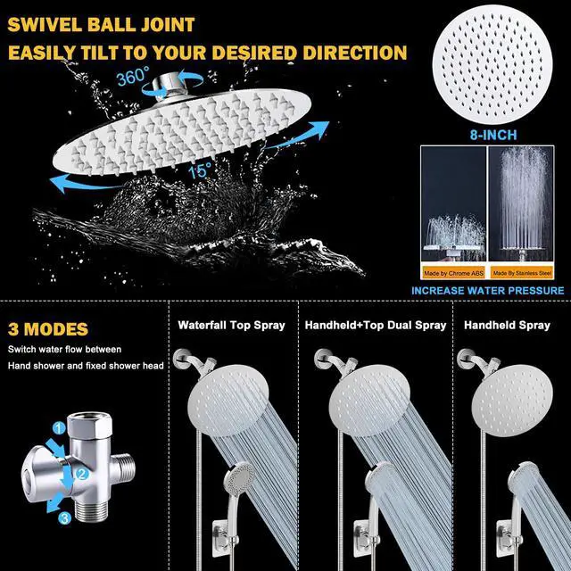 Alt view image 5 of 7 - Shower Head with Hose, High-Pressure Stainless Steel 8'' Rain Shower and 5 Settings Handheld Shower Spray Combo with Push Button Flow Control for Easy Operation (Chrome)