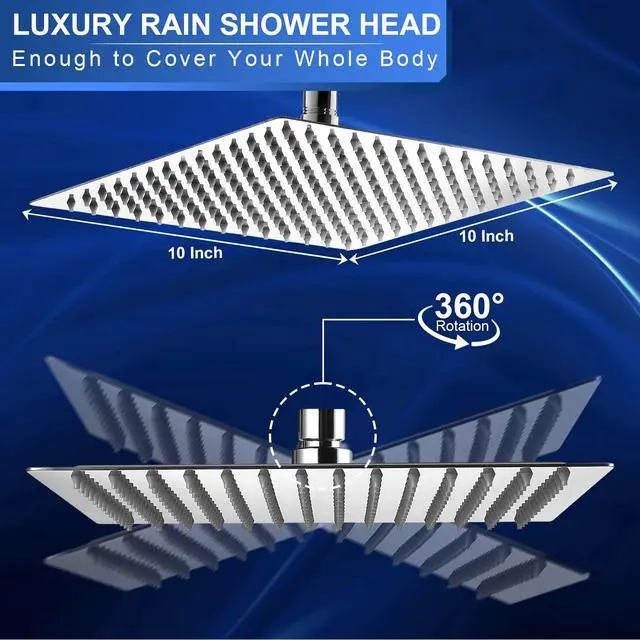 Alt view image 3 of 7 - 10 Inch Rain Shower Head Square High Pressure Ceiling or Wall Mount | Pressure Boosting Design, Self Cleaning Nozzles, Large Square Size, Ultra Thin, Ceiling or Wall Mount, Simple Installation
