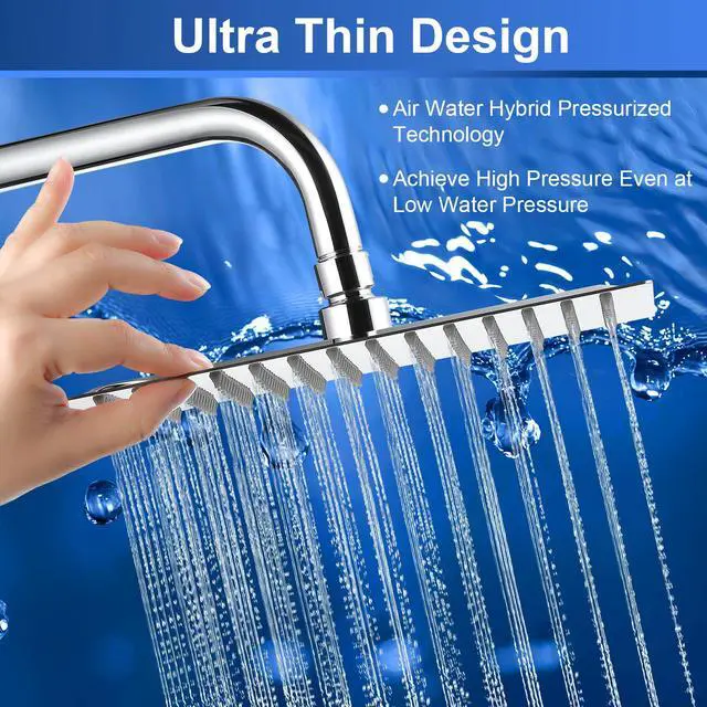 Alt view image 5 of 7 - 10 Inch Rain Shower Head Square High Pressure Ceiling or Wall Mount | Pressure Boosting Design, Self Cleaning Nozzles, Large Square Size, Ultra Thin, Ceiling or Wall Mount, Simple Installation