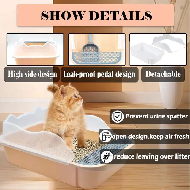 Alt view image 3 of 6 - Open Cat Litter Box with High Side,Anti-Splashing Cats Litter Pan Semi-Enclosed Removable Cats Litter Boxes with Litter Sifting Scoop Open Top Kitty Toilet for Easy to Clean(Khaki)
