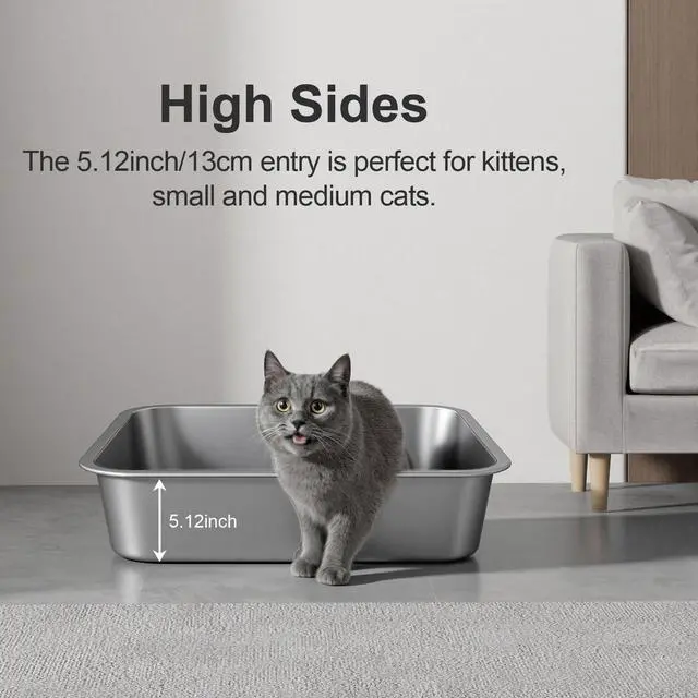 Alt view image 6 of 7 - Stainless Steel High Sided Cat Litter Box | Sturdy Metal, Odor-free, Cat Litter Non-stick and Easy to Clean, Ideal for Indoor Cats, Kittens and Multicat Houses