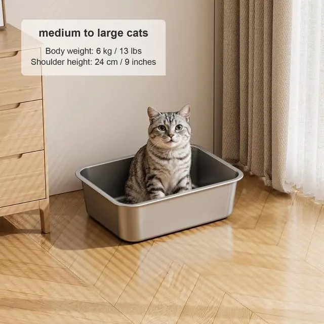 Alt view image 7 of 7 - Stainless Steel High Sided Cat Litter Box | Sturdy Metal, Odor-free, Cat Litter Non-stick and Easy to Clean, Ideal for Indoor Cats, Kittens and Multicat Houses