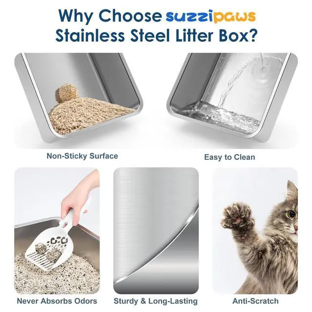 Alt view image 5 of 7 - Stainless Steel Cat Litter Box with Lid for Kittens & Small Pets | 17.3×13.4×9" High Sides Anti-Leakage Metal Litter Box, Open Top Low Entry Kitty Cat Box, Easy Cleaning, Non-Sticky