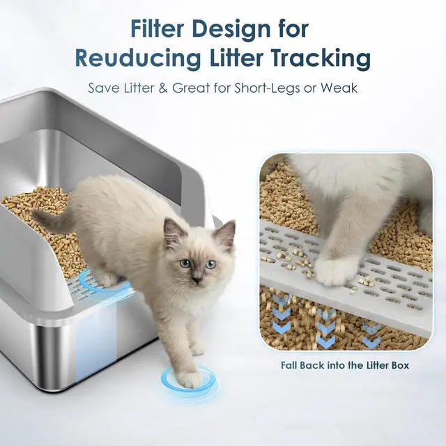 Alt view image 3 of 7 - Stainless Steel Cat Litter Box with Lid for Kittens & Small Pets | 17.3×13.4×9" High Sides Anti-Leakage Metal Litter Box, Open Top Low Entry Kitty Cat Box, Easy Cleaning, Non-Sticky