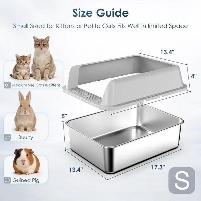 Alt view image 4 of 7 - Stainless Steel Cat Litter Box with Lid for Kittens & Small Pets | 17.3×13.4×9" High Sides Anti-Leakage Metal Litter Box, Open Top Low Entry Kitty Cat Box, Easy Cleaning, Non-Sticky