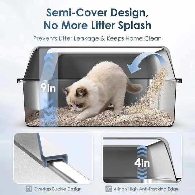 Alt view image 2 of 7 - Stainless Steel Cat Litter Box with Lid for Kittens & Small Pets | 17.3×13.4×9" High Sides Anti-Leakage Metal Litter Box, Open Top Low Entry Kitty Cat Box, Easy Cleaning, Non-Sticky