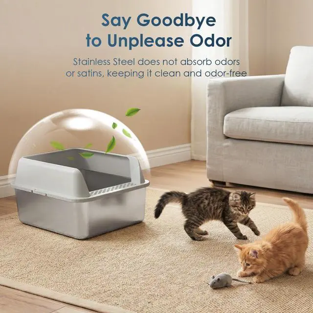 Alt view image 7 of 7 - Stainless Steel Cat Litter Box with Lid for Kittens & Small Pets | 17.3×13.4×9" High Sides Anti-Leakage Metal Litter Box, Open Top Low Entry Kitty Cat Box, Easy Cleaning, Non-Sticky