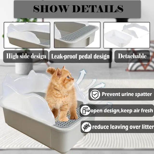Alt view image 3 of 6 - Open Cat Litter Box with High Side,Anti-Splashing Cats Litter Pan,Kitten Toilet with Litter Sifting Scoop,Semi-Enclosed Removable Kittens Litter for Boxes Easy to Clean No Odor-Grey