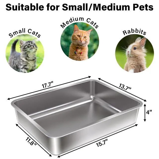 Alt view image 2 of 7 - Stainless Steel Litter Box,Metal Cat Litter Box for Kitten | 17.7" L x 13.77" W x 4" H Metal Litterbox for Elderly Cats,Non Stick, No Smell, Easy Entry,Easy to Clean