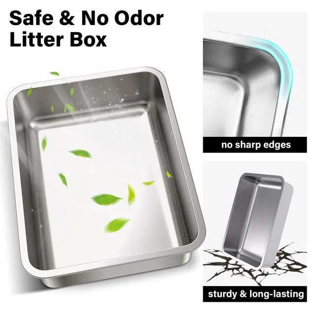 Alt view image 5 of 7 - Stainless Steel Litter Box,Metal Cat Litter Box for Kitten | 17.7" L x 13.77" W x 4" H Metal Litterbox for Elderly Cats,Non Stick, No Smell, Easy Entry,Easy to Clean
