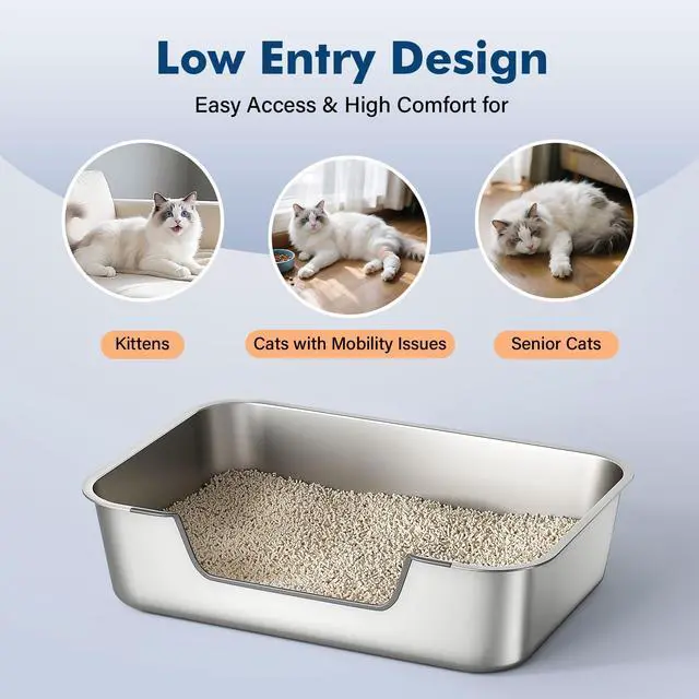 Alt view image 2 of 6 - Stainless Steel Cat Litter Box with Low Entry, Metal Kitty Litter Box for Senior or Injured Cats, Odor-Free, Non-Stick, Easy to Clean, 17.5"x13.6"x5.9", Litter Pan for Medium and Small Cats