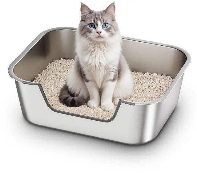 Main image of Stainless Steel Cat Litter Box with Low Entry, Metal Kitty Litter Box for Senior or Injured Cats, Odor-Free, Non-Stick, Easy to Clean, 17.5"x13.6"x5.9", Litter Pan for Medium and Small Cats