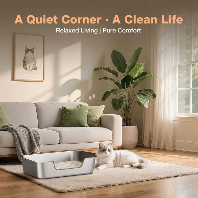 Alt view image 6 of 6 - Stainless Steel Cat Litter Box with Low Entry, Metal Kitty Litter Box for Senior or Injured Cats, Odor-Free, Non-Stick, Easy to Clean, 17.5"x13.6"x5.9", Litter Pan for Medium and Small Cats