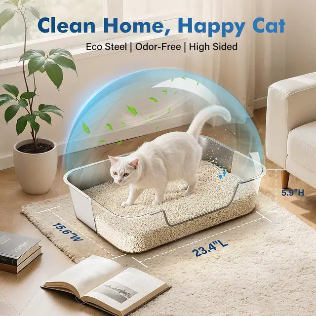 Alt view image 5 of 6 - Stainless Steel Cat Litter Box with Low Entry, Metal Kitty Litter Box for Senior or Injured Cats, Odor-Free, Non-Stick, Easy to Clean, 17.5"x13.6"x5.9", Litter Pan for Medium and Small Cats