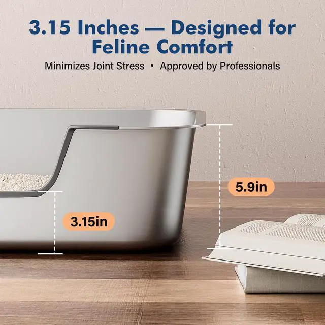 Alt view image 4 of 6 - Stainless Steel Cat Litter Box with Low Entry, Metal Kitty Litter Box for Senior or Injured Cats, Odor-Free, Non-Stick, Easy to Clean, 17.5"x13.6"x5.9", Litter Pan for Medium and Small Cats
