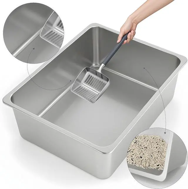 Alt view image 3 of 7 - Large High Sided Stainless Steel Cat Litter Box, Non-Stick | Solid Metal Box, Odor Free, Non Stick, Rust Proof, Easy to Clean, Ideal for Cats, Kitten, Kitty & Rabbits, Indoor Use