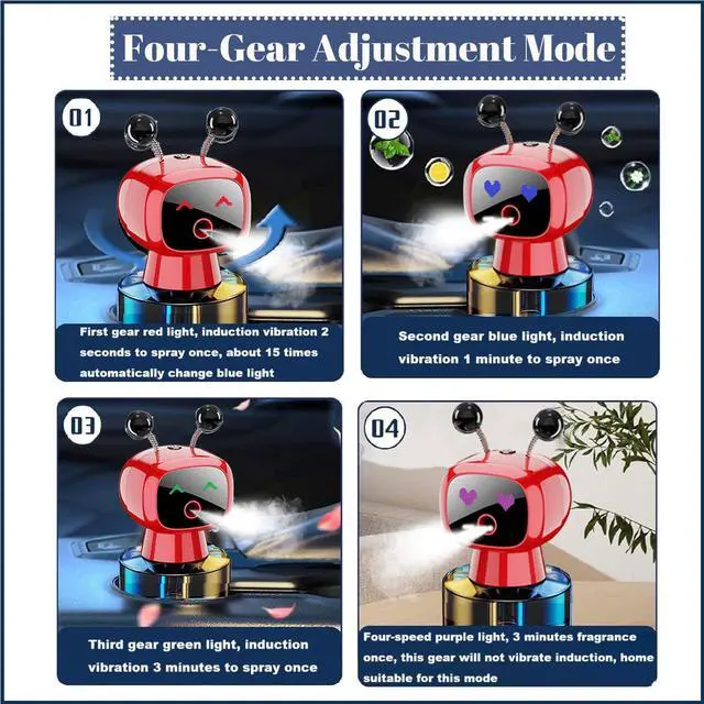 Alt view image 4 of 7 - Robot Intelligent Aromatherapy Machine, Smart Cute Robot Car Air Freshener - Fine Spray/Fillable/Four-Gear Adjustment/Vibration Sensing/On-Off/Large Capacity Long-Lasting Fragrance/Red-V2(Hilton)