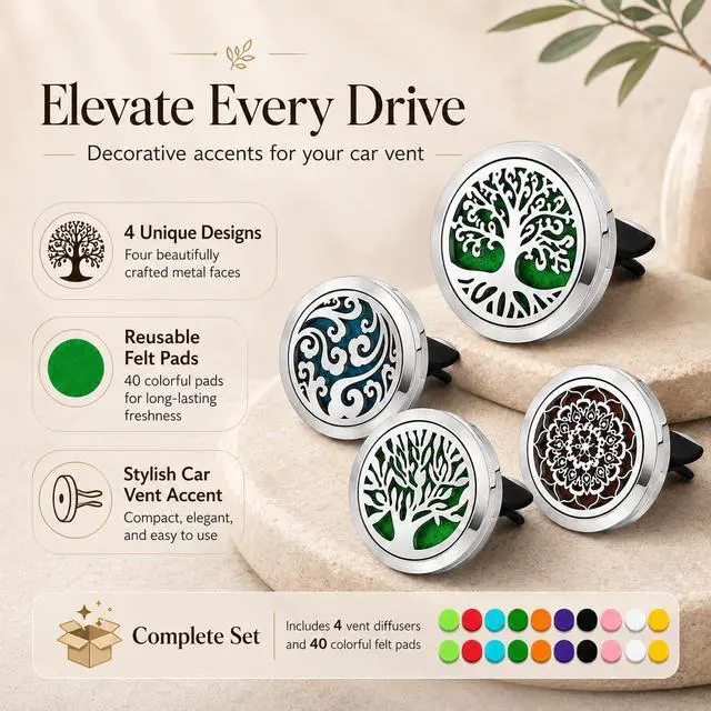 Alt view image 2 of 7 - 4 Pack Car Vent Essential Oil Diffuser Clips, Silver Tree of Life Air Freshener Vent Clips with 40 Colorful Felt Pads, Reusable Metal Car Aroma Diffuser for Essential Oils, Perfume