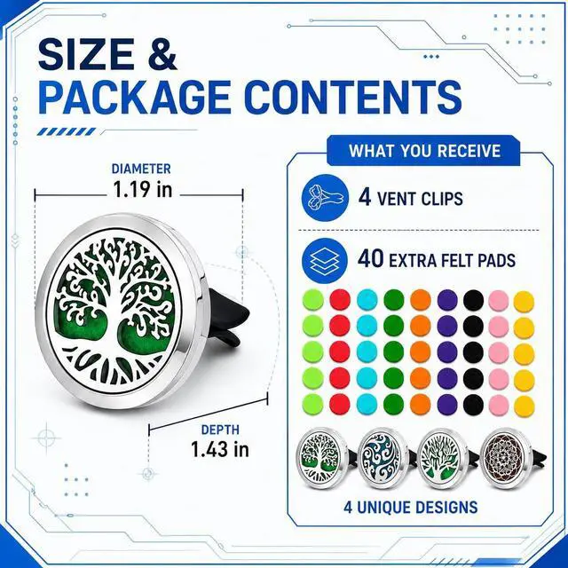 Alt view image 3 of 7 - 4 Pack Car Vent Essential Oil Diffuser Clips, Silver Tree of Life Air Freshener Vent Clips with 40 Colorful Felt Pads, Reusable Metal Car Aroma Diffuser for Essential Oils, Perfume