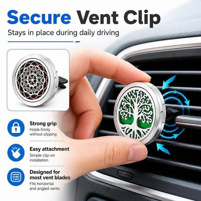 Alt view image 4 of 7 - 4 Pack Car Vent Essential Oil Diffuser Clips, Silver Tree of Life Air Freshener Vent Clips with 40 Colorful Felt Pads, Reusable Metal Car Aroma Diffuser for Essential Oils, Perfume