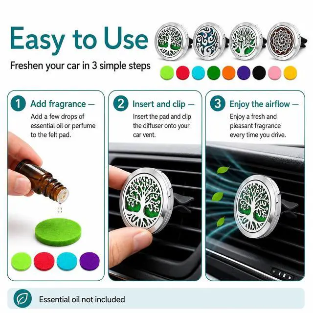 Alt view image 5 of 7 - 4 Pack Car Vent Essential Oil Diffuser Clips, Silver Tree of Life Air Freshener Vent Clips with 40 Colorful Felt Pads, Reusable Metal Car Aroma Diffuser for Essential Oils, Perfume