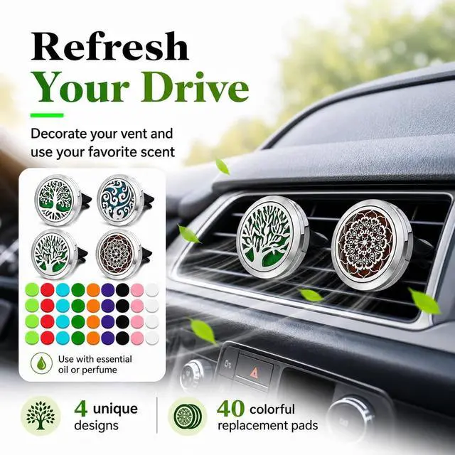 Alt view image 6 of 7 - 4 Pack Car Vent Essential Oil Diffuser Clips, Silver Tree of Life Air Freshener Vent Clips with 40 Colorful Felt Pads, Reusable Metal Car Aroma Diffuser for Essential Oils, Perfume