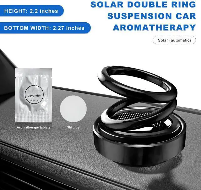Alt view image 2 of 6 - Solar Rotating Car Air Freshener, Solar Energy Refillable Car Dashboard Aromatherapy Ornament, Double Ring Fragrance Diffuser Decorative Accessories for Vehicle Home Office (Black)