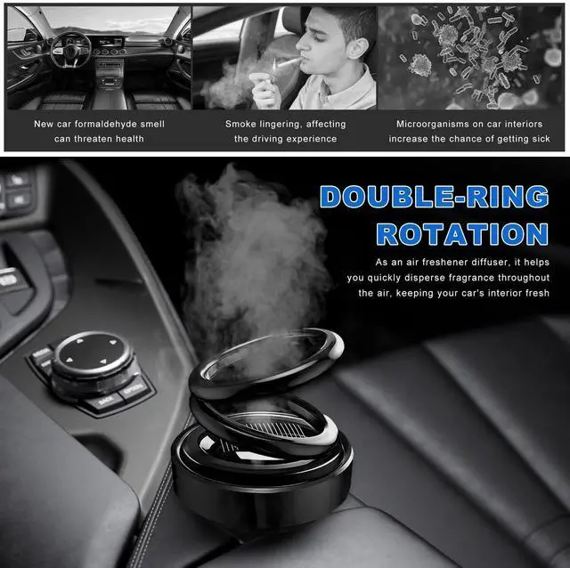 Alt view image 6 of 6 - Solar Rotating Car Air Freshener, Solar Energy Refillable Car Dashboard Aromatherapy Ornament, Double Ring Fragrance Diffuser Decorative Accessories for Vehicle Home Office (Black)