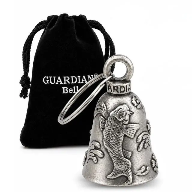 Main image of Japanese Koi Good Luck Bell w/Keyring & Black Velvet Gift Bag | Motorcycle Bell | Lead-Free Pewter | Made in USA