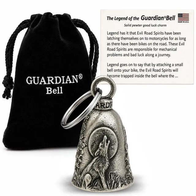 Main image of Howling Wolf Good Luck Bell w/Keyring & Black Velvet Gift Bag | Motorcycle Bell | Lead-Free Pewter | Good Luck Gift to Friends & Family | Bike Bell | Gift Accessory | Made in USA